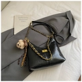 Classic black saddle dumpling bag with gold chain strap and vintage faux leather texture - Black Small With Pendant