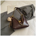 Retro deep brown leather dumpling bag with gold chain strap and cute bear charm - Coffee Small With Pendant