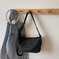 Minimalist black faux suede shoulder bag with adjustable strap and front logo detail - Black without Pendant