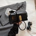Minimalistische schwarze Tasche aus Kunstwachsleder mit goldenem Schloss und zwei Riemen - Schwarz