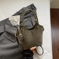 Minimalist olive green bucket bag in premium microfibre leather with golden hardware - Green Without Pendant