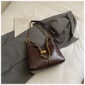 Chic dark brown dumpling bag with glossy leather and chunky gold chain strap - Small Coffee Without Pendant