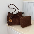 Dark brown suede tote bag set with small pouch and floral charm in minimalist interior - Coffee With Pendant
