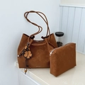Brown suede tote bag set with matching inner pouch and leather flower charm - Brown with Pendant