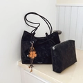 Fashionable black matte tote bag set with matching pouch and flower pendant - Black With Pendant