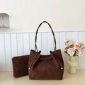 Winter trend high capacity dark coffee suede tote bag with matching pouch and side beads - Coffee without Pendant