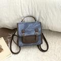 Blue denim and brown leather vintage college style small backpack with adjustable straps - Blue Without Charm