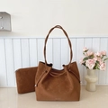 Brown suede minimalist tote bag set with matching zipper pouch and shoulder strap - Brown No Pendant