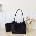 Minimalist black faux suede large tote bag with matching zippered pouch purse set - Black without Pendant