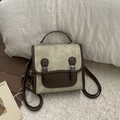 Retro British college style backpack in beige canvas and dark brown leather finish - Grey Without Pendant