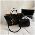 Detailed set of black tote bag with matching zipper pouch and wooden bead tassel ornament - Black With Pendant