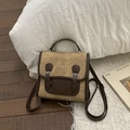 British style khaki canvas backpack with dark brown faux leather trim and buckle - Brown No Pendant