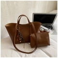 Detailed view of brown tote bag with inner pouch and wooden bead charm on fabric - Brown with Pendant