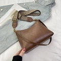 Retro brown faux leather shoulder bag with a colorful geometric patterned wide strap - Brown