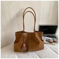 Brown vintage suede tote bag with white contrast stitching and a cute bear charm accessory - Large Underarm Tote Bag / Brown (With Pendant)