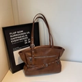 Sac fourre-tout marron vintage en cuir avec boucles argentées et bandoulières doubles - Marron