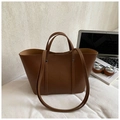 Brown large capacity tote bag with synthetic leather texture for daily commute and fashion - Brown No Pendant