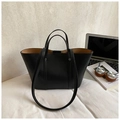 Black large capacity tote bag with double straps and stylish brown interior contrast - Black without Pendant