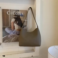 Minimalist dark brown litchi grain leather hobo bucket bag with retro shoulder strap - Gray