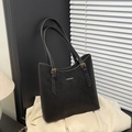 Minimalist large black leather tote bag with gold logo for professional daily commuting - Black without Pendant