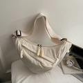 Chic beige nylon dumpling crossbody bag with adjustable wide strap and woven zipper details - Large / Off White