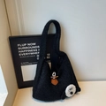 Furry black plush tote bag with cute cartoon dog patch and toggle closure buckle - Black