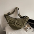 Olive green crescent crossbody bag in nylon fabric with woven rope zipper details - Large / Green