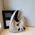 Beige fuzzy knitted shoulder bag featuring a cute cartoon dog character for winter - Off-white