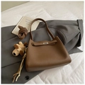 Dark brown lychee pattern leather bucket bag with retro twist lock and plush puppy charm - Brown with Pendant