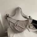 Minimalist light grey half-moon crossbody bag in nylon with woven zipper detail - Large / Gray
