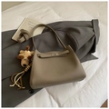 Elephant gray leather hobo bag with metal twist lock and cute plush puppy charm - Grey With Pendant