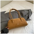 Brown frosted suede underarm bag with white contrast stitching and long handle - Brown No Pendant