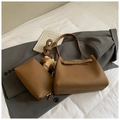 Brown leather handbag set with adjustable strap and plush charm in elegant casual style - Coffee With Pendant