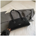 Retro black suede handbag with contrast stitching and fashion lettering for winter 2025 - Black without Pendant