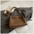 Brown litchi grain leather bucket bag with top handle and adjustable shoulder strap - Brown No Pendant