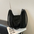 Sac hobo rétro noir grande capacité en cuir mat grainé avec doubles bretelles - Sans Pendentif / Noir