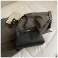 Minimalist black lychee pattern leather bucket bag with metallic belt buckle and strap - Black without Pendant
