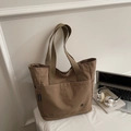 Minimalist coffee brown canvas tote bag with large front pocket and webbing handles - Khaki