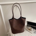 Dark brown large woven tote bag with slim shoulder straps for elegant office commute - Brown