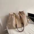 Minimalist light coffee suede tote bag with golden chain and mixed leather shoulder strap - Off-white