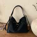 Retro large black woven leather shoulder bag with vintage gold metal accents - Black