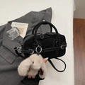 Retro black Boston bag with white stitching, dual handles, and beige bunny charm - Black (With Plush Rabbit Charm)