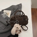 Brown faux suede Boston handbag with white stitching and cute plush rabbit charm - Coffee (With Plush Rabbit Charm)