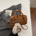 Retro brown Boston handbag with plush bunny charm and detachable crossbody strap - Brown (With Plush Rabbit Charm)