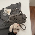 Grey suede Boston bag with dual handles, crossbody strap, and plush rabbit charm - Gray (With Plush Rabbit Pendant)