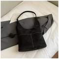 Black matte hobo bag with contrast white stitching and wide shoulder strap - Black