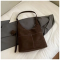 Vintage dark brown crossbody tote bag with white contrast stitching and double front pockets - Brown