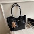 Large black matte PU leather tote bag with silver buckle and brown plush bear charm - Black with Pendant