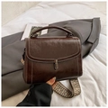 Dark brown retro PU crossbody bag with white stitching and stylish wide patterned strap - Brown