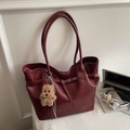 Deep red vintage PU leather tote bag with stylish plush dog charm and metal buckle - Wine Red With Pendant